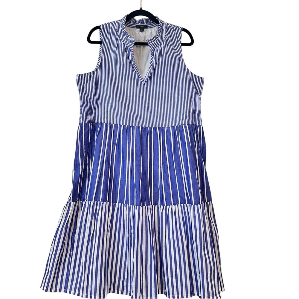 J.Crew Popover Dress Women's Size Large Blue White Mixed Striped Tiered Casual